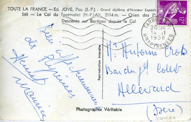 Carte postale adressée à Antoine Cros