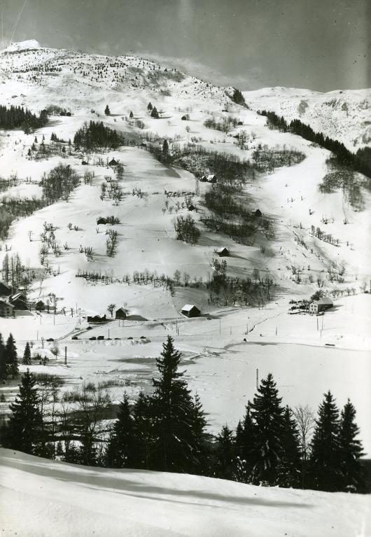Vue des pistes de descente du Crêt du Bœuf à La Bourgeat