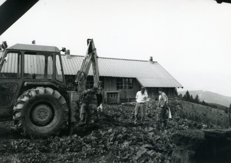 Chantier du télésiège de Grand-Paul : hommes et tractopelle devant la bergerie