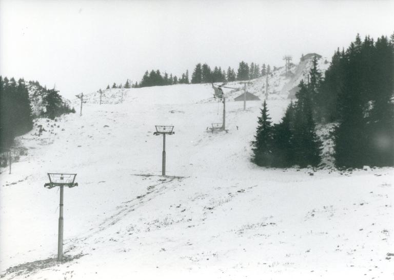 Chantier du télésiège de Grand-Paul : installation de la partie supérieure d'un pylône