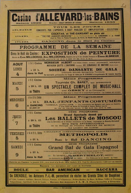 Affiche - Casino d'Allevard-les-Bains, Saison 1930