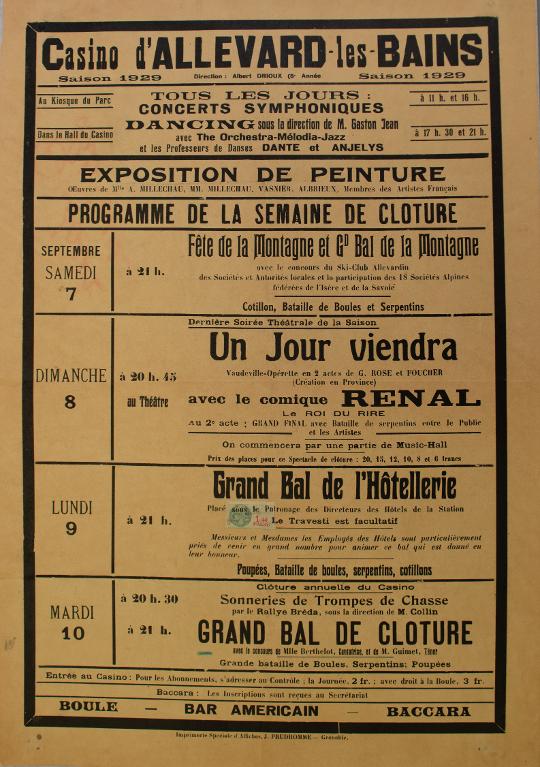 Affiche - Casino d'Allevard-les-Bains, Saison 1929