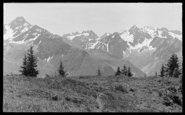 Vue depuis le Crêt du Poulet : Col et Rocher d'Arguille, Aiguilles de l'Argentière, Col de la Combe Madame, Pics Badon, Rocher Blanc, Pyramide